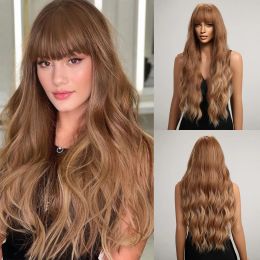 Long Water Wave Synthetic Wigs with Bangs Natural Ginger Brown Loose Curly Wavy Wig for Black White Women Heat Resistant Daily