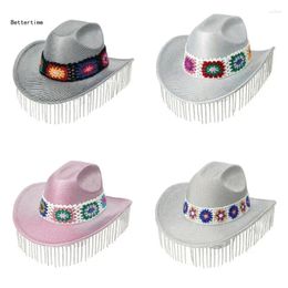 Berets B36D Diamond Cowboy Hats Flickering Tassels Crocheted Belt For Disco House Parties