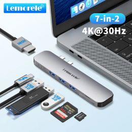 Lemorele TC52 USB Type C Hub Dual USB-C till HDMI USB 3.0 PD 100W SD för MacBook Pro Air Adapter Aluminium Dock USB C Type-C Hub