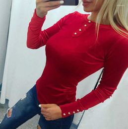 Women's T Shirts Women Shirt Fashion High Quality Long Sleeve With Buttons T-shirt Solid O Neck Thick Pink/red/green/blue 4 Colors Coat