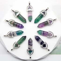 24pcs Natural Stone Agates Quartz Crystal Pendants For Necklace Charm Fluorite Hexagonal Pendant DIY Jewelry Making Accessories