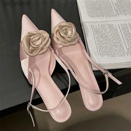 Dress Shoes New Sexy Thin High Heels Buckle Strap Pumps Women Flower Pointed Toe Mules Fashion Style Party Prom Sandals H240403