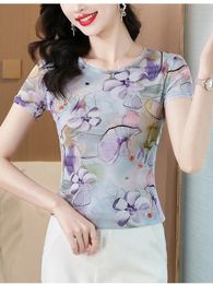 High Stretch Dancing Tshirts Women O Neck Short Sleeve Summer Tops Printed Floral Tee Shirt Femme Simple Clothing 240403