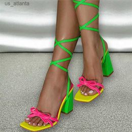 Dress Shoes Liyke Mixed Colour Bowknot Narrow Band Open Toe Ankle Cross Strap Square High Heels Women Sandals Summer Party Size42 H240403