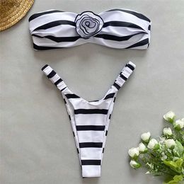 Women's Swimwear Sexy 3D Flower Bandeau Micro Bikinis Mujer Striped Print Swimwear Mini Thong Swimsuits Women High Cut Bathing Suit Bikini 2024 Y240402