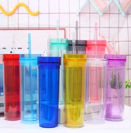 16oz Acrylic Skinny Tumbler with Straw 480ml Double Walled Plastic Coffee Mugs Clear Colourful Water Bottles Travel Straight Cup8062647