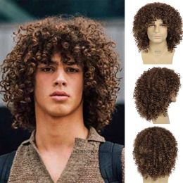 Wigs Short Afro Synthetic Wigs for Men Heat Resistant Fibre Cosplay Wig Natural Hairstyles Mix Brown Wig with Bangs Male Costume Wigs