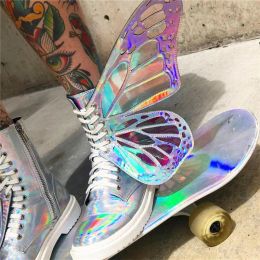 Boots Butterfly Wings Women Shoes Shine Sier Leather Flat Sneakers Lace Up Women's Ankle Boots Hightop Leisure Platform Shoes 2023