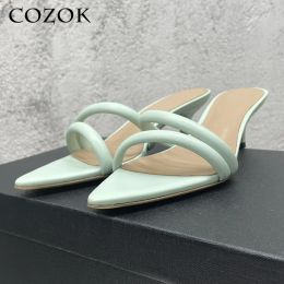 Slippers Summer Pointed Toe One Word Slippers Women Fashion Outside Simple Pumps Leather Kitten Heel Office Lady Socialite Sandals Ladies