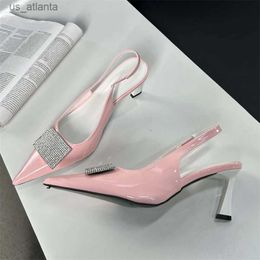 Dress Shoes High Quality Crystal Patent Leather Women Pumps Sexy Thin Heels Pointed Toe Slingback Mules Sandals H240403