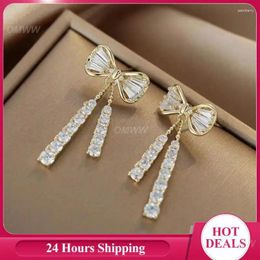 Dangle Earrings Long Tassel Rhinestone Gold Color With Bling Cubic Zirconia Drop Gift Women Ribbon Bow