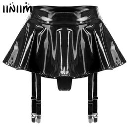 Urban Sexy Dresses Womens Wet Look Patent Leather Ruffle Mini Skirt Built-in Thongs Garter Belts Metal Clips Lingerie Miniskirt Rave Party Clubwear 240403