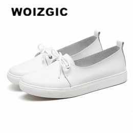 Boots Woizgic Women Students Gril Female Genuine Leather White Shoes Flats Platform Lace Up Korean Casual Vulcanised Shoes Fez173