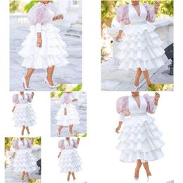 Basic Casual Dresses African Women Plus Size White Party Dress Vintage Puff Sleeve Cute Ruffle Tiered Layered Summer Spring Ladies Clu Dhota