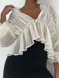 Women's Blouses CHRONSTYLE Women Spring Summer Shirts Mesh Sheer See Through Crop Tops Long Sleeve Deep V Neck Solid Ruched Ruffles 2024