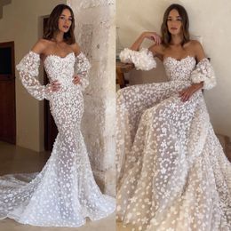 Wunderschöne Chart Mermaid Hochzeitskleid Schatz Langarmes Spitze Brautkleider Brautkleider Applikationen Sweep -Zug Designer Boho Robe de Mariage