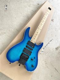 Guitar High quality custom Blue Headless Electric Guitar Maple Neck black accessories free shipping