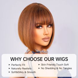 Short Straight Bob Wigs Golden Brown Synthetic Hair Wig with Bangs for Black Women Cosplay Party Wig Heat Resistant Fiber