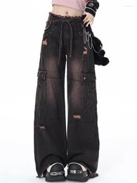 Women's Jeans Multi Pocket Black Pink Holes Casual Wide Leg Pants Vintage American Street Female Loose Straight Denim Trousers