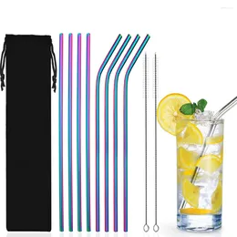 Drinking Straws 304 Stainless Steel Reusable Metal Straw Straight Bent Set With Cleaner Brush Home Bar Party Accessory