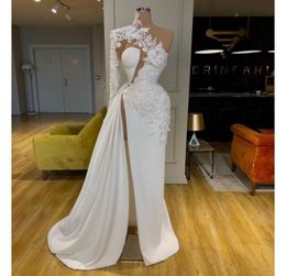 2020 Arabic Dubai Exquisite Lace White Prom Dresses High Neck One Shoulder Long Sleeve Formal Evening Gowns Side Split Party Dress5844799