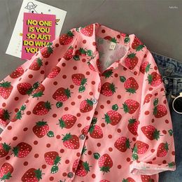 Women's Blouses Beach Sweet Girl Pink Strawberry Full Print Graphic Button Up Shirt Kawaii Clothes Japan Korean Fashion Summer Short Sleeve