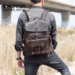 Backpack S.WORKER Vintage Genuine Leather Laptop Travel Bag School Classic Paratroopers Outdoor Weekender Shoulder
