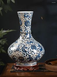 Vases Ceramic Vase Hand Painted Blue And White Porcelain Gold-Painted Bottle Chinese Antique Curio Shelves Decoration