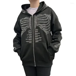 Women's Hoodies Y2k Hoodie Gothic Aesthetic Women Rhinestone Skeleton Pattern Long Sleeve Sweatshirt Loose Tops Dark Academia Clothes