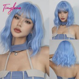 Bob Blue Curly Wavy Wigs with Bangs Short Colorful Cosplay Wigs for Women Afro Halloween DaiIy Natural Heat Resistant Fake Hair
