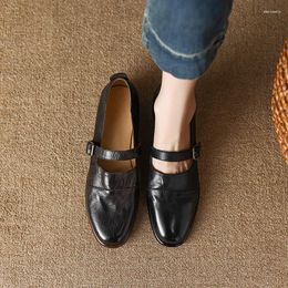 Casual Shoes Cowhide Mary Janes Woman Basic With Buckle Real Leather Comfort Flats On Low Heel Round Toe French Style Women