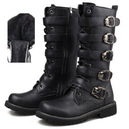 boots Men Punk Rock Boots Fashion Motorcycle Boots Mens Leather High Top Casual Shoes Male Midcalf Riding Boots Winter Warm