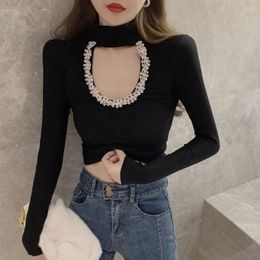 Women's T Shirts Autumn Sexy Tops For Women Fashion Turtleneck Hollow Out Design Rhinestone Slim Base Long Sleeve Elegant Ladies Tees