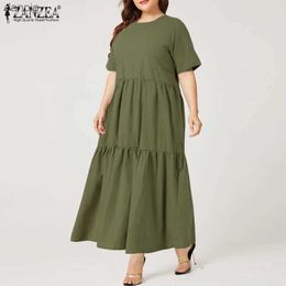 Urban Sexy Dresses ZANZEA Plus Size Womens Sundress Summer Elegant O-Neck Short Skirt Sleve Asian Ruffled Party Vestido Robe Womens Solid Loose Long Skirt Y240402