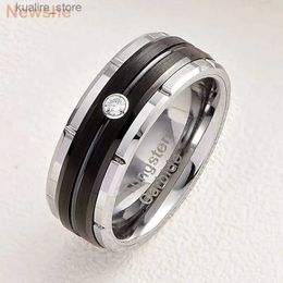 Cluster Rings Newshe Black/ Rose/White Gold Colour Mens Wedding Band 8mm Matte Brushed Tungsten Rings for Him Cubic Zircon Size 8-13 L240402