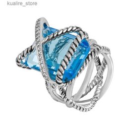 Cluster Rings 15mm*20mm Rectangular Crystal Blue CZ Ring Dainty White Gold Plated Brass Twisted Design Statement Ring Jewelry for Women L240402
