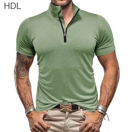 Summer Mens Outdoor Sports and Fitness Zippered Shirt with Stand Up Collar High Elasticity Quick Drying Short Sleeved T-shirt for Men