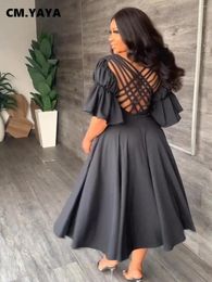 Party Dresses CM. Vintage Women Fashion Criss Cross Open Back Lantern Half Sleeve V-neck Big Swing High Slit Dress 2024 INS Basic