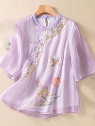 Ethnic Clothing 1pcs Women's Summer Style Embroidered Half-sleeved Comfortable Shirt Loose Chinese Double-layer Blouse Tops Girl Gift