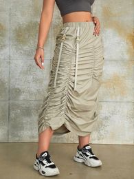 Skirts Women Fashion Chic Ruched Skirt Music Festival Drawstring Waist Buckle Detail Long Ladies Casual Vacation Clothes