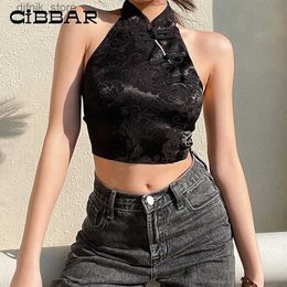 Women's Tanks Camis CIBBAR Chinese Vintage Crop Top Elegant Jacquard Bandage Backless Halter Tank Tops Women Sexy Gothic Black Vest Summer y2k Chic Y240403