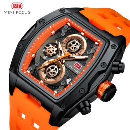 MINI FOCUS Military Sport Quartz Watch Men Orange Silicone Strap Waterproof Chronograph Wristwatch with Date Luminous Hands 0473