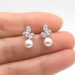 Stud Earrings Dainty Simulated Pearl For Women With Shiny Cubic Zirconia Delicate Female Elegant Daily Wear Jewelry
