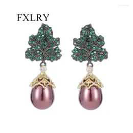 Dangle Earrings FXLRY Elegant Inlaid Cubic Zirconia Tree Leaf Drop Shaped Pearl For Women Wedding Dinner Party Jewelry