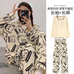 Home Clothing Spring And Autumn Women's Pyjamas Set Cartoon Cute Bear Printing With Chest Pads Leisure Cotton Sleepwear Korean Homewear