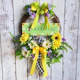 Decorative Flowers Spring Wreaths For Front Door Artificial Wreath Welcome Wooden Sign Flower Bow Eucalyptus