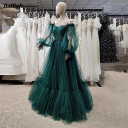 Party Dresses Bafftafe Dark Green A Line Formal Prom Appliques Puff Long Sleeves Evening Dress Corset Back Women Birthday Gowns
