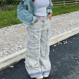 Women's Pants FAGADOER Fashion Denim Pocket Straight Cargo Women High Waisted Button Loose Jean Trousers Casual Female Cowboy Bottoms