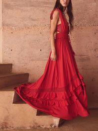 Casual Dresses Fashion Womens Bohemian Long Dress Sleeveless V Neck Tie Waist Solid Colour Ruffle Summer Beach S M L