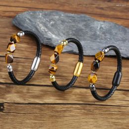 Charm Bracelets Natural Tiger Eye Stone Men's And Women's Genuine Leather Bracelet Stainless Steel Jewellery Magnetic Buckle Gift